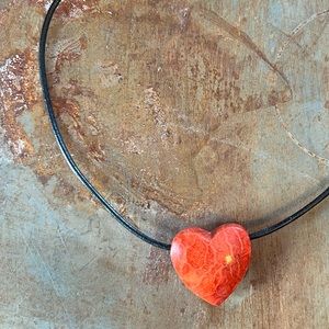 Red Coral Heart Necklace w/Leather Cord 16”+2”